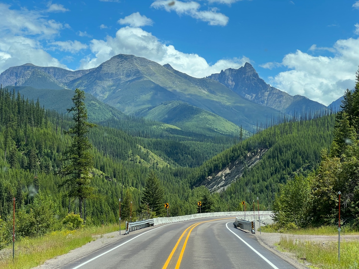 Mountain highway curving through green peaks